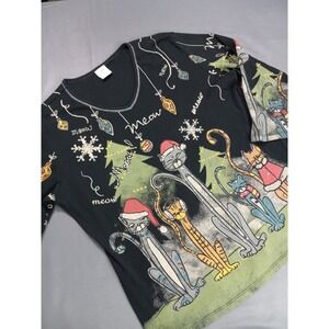 Jess & Jane Meow Christmas Cat 3/4 sleeve Top XL Black Rhinestone USA Made